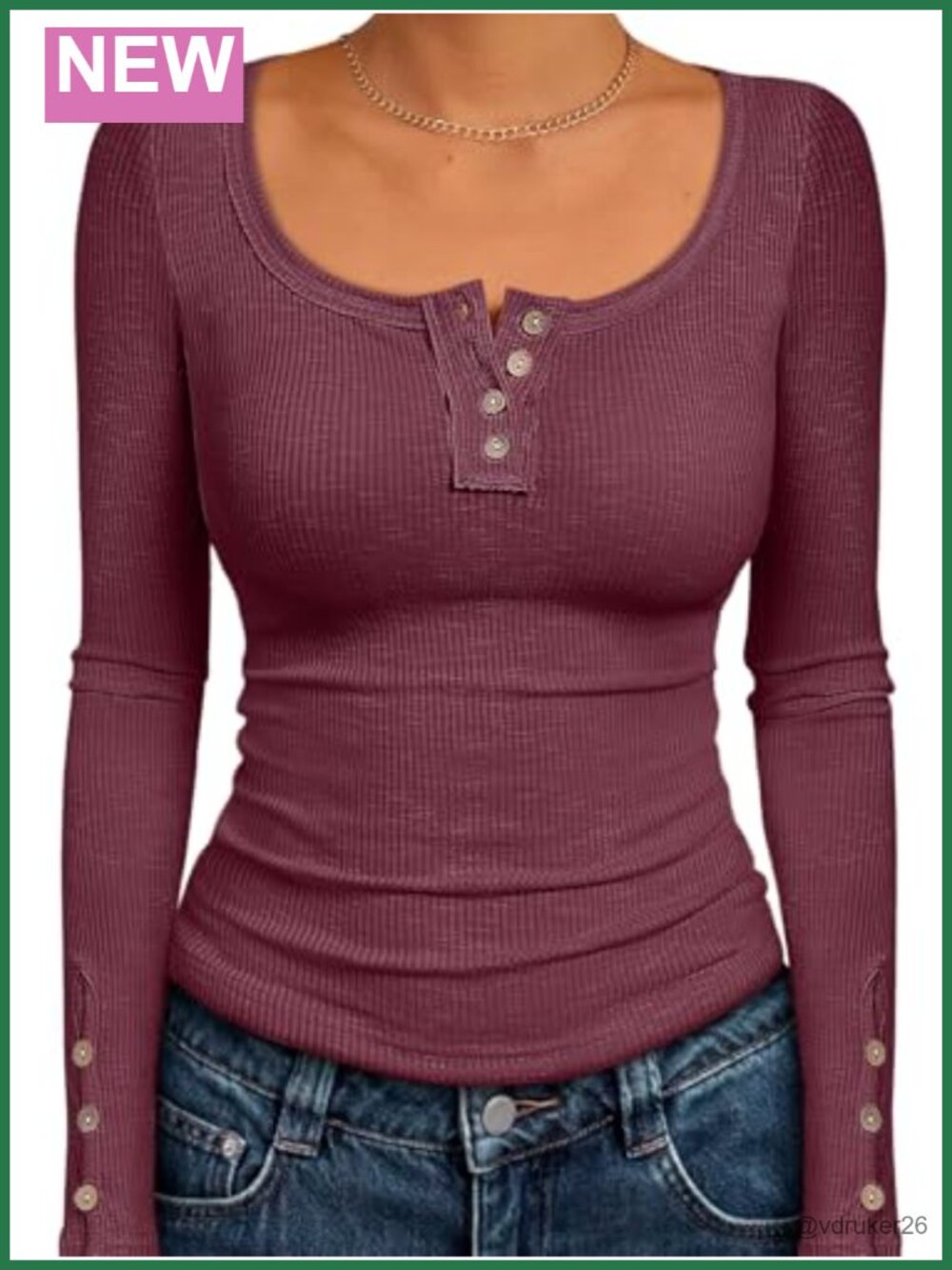 Women's Long Sleeve Henley Top Ribbed Knit Button Cuff Fall Winter